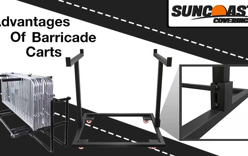 SunCoast Coverings banner with folding barricade cart