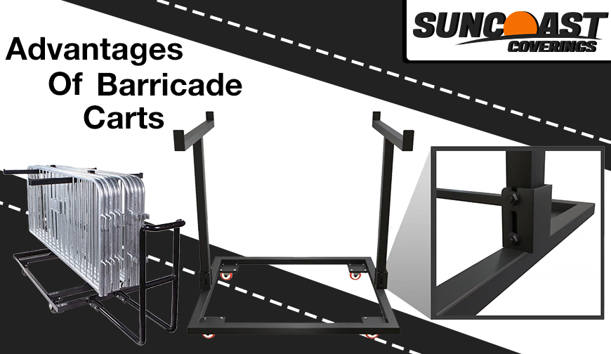SunCoast Coverings banner with folding barricade cart
